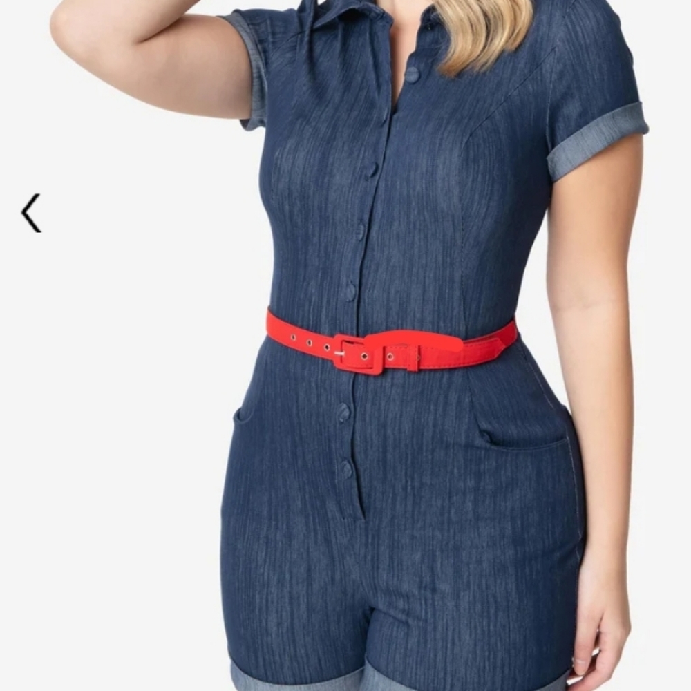 Unique Vintage Denim Jumpsuit w/Red Belt